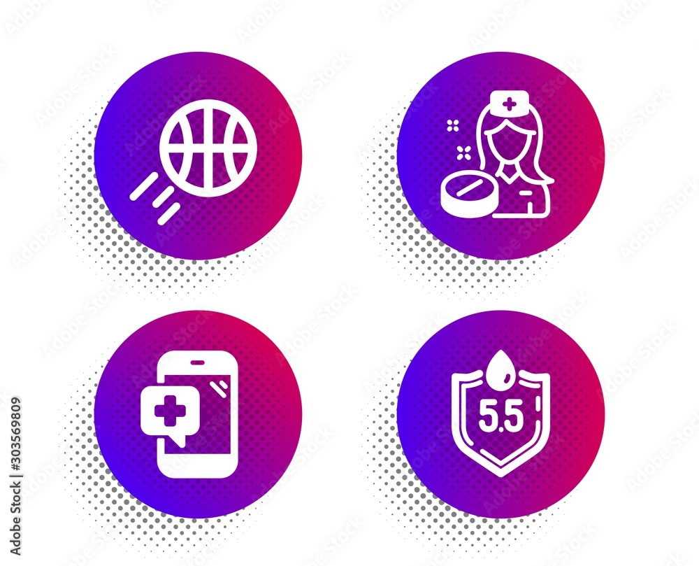 Nurse, Medical phone and Basketball icons simple set. Halftone dots button. Ph neutral sign. Medicine pill, Mobile medicine, Sport ball. Water. Healthcare set. Classic flat nurse icon. Vector
