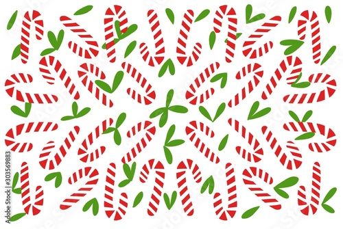 Christmas seamless background. Candy canes and leaves. Isolated on a white background. Raster graphics.