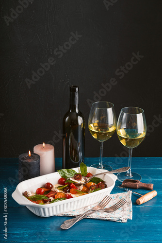 dinner for two with wine and caprese salad