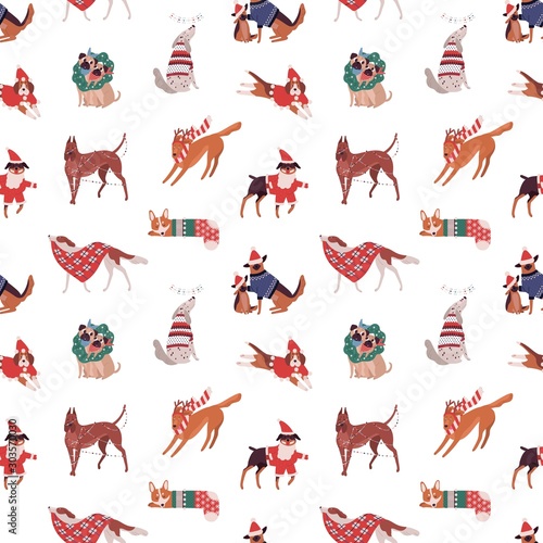 Christmas dogs vector seamless pattern. Puppies of different breads in funny Xmas costumes background. Dachshund, dalmatians, pug and corgi. Festive winter holiday wrapping paper design.