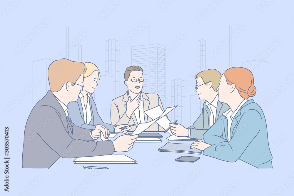 Teamwork, meeting, cooperation, business concept. Young men and women, businessmen make an important decision for the company. Office clerks or management plans development. Jury. Flat simple vector. Teamwork, meeting, cooperation, business concept. Young men and women, businessmen make an important decision for the company. Office clerks or management plans development. Jury. Flat simple vector.