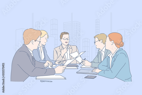Teamwork, meeting, cooperation, business concept. Young men and women, businessmen make an important decision for the company. Office clerks or management plans development. Jury. Flat simple vector.