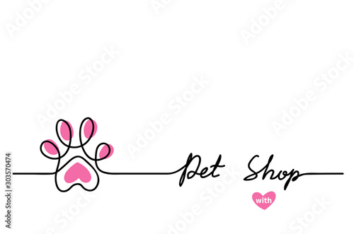 Pet shop signboard with cute paw. Vector  background, banner, signboard. One continuous line drawing contour, outline with lettering Pet Shop. photo