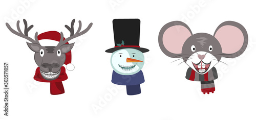 Set of Christmas Deer, Snowman, and Mouse with Dentist Teeth Braces. Dentistry Winter Season Concept, Vector Illustration. Funny 2020 Holidays Orthodontic Symbol icons