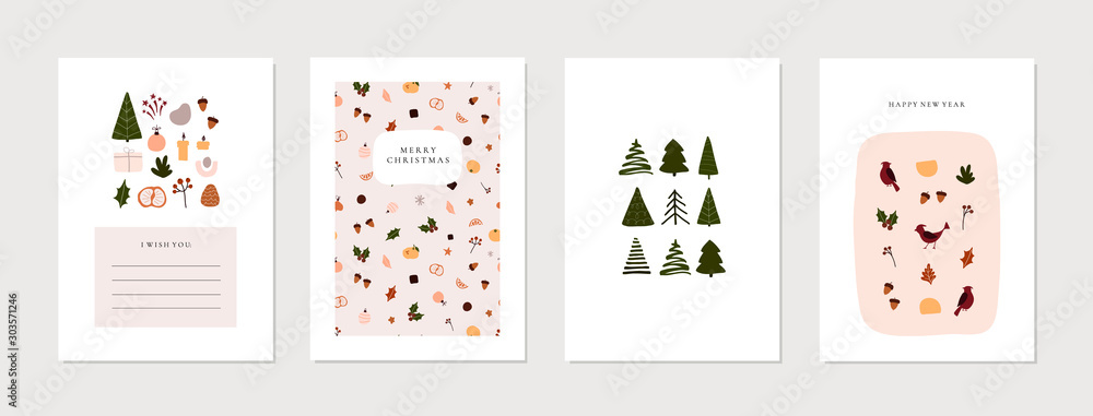 Set of christmas new year winter holiday greeting cards with xmas decoration. Vector abstract trendy illustration in minimalistic hand drawn flat style - obrazy, fototapety, plakaty 