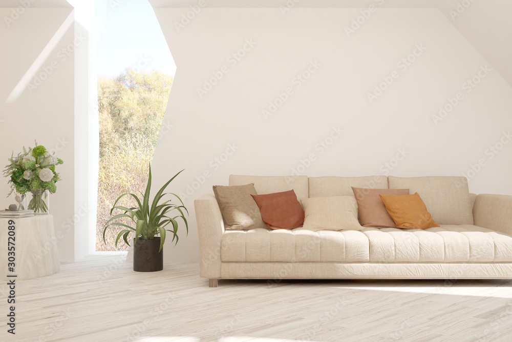 Fototapeta premium Stylish room in white color with sofa and autumn landscape in window. Scandinavian interior design. 3D illustration