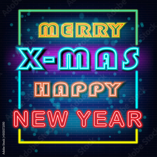 Happy new year 2020 and neon light style.Red and blue Neon Font on black background.X mas party  electric card.