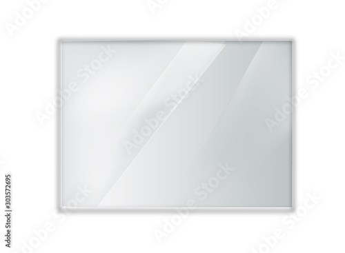 Glass plate on transparent background. Acrylic and glass texture with glares and light. Realistic transparent glass window in rectangle frame.