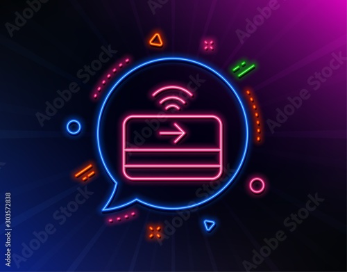 Contactless payment line icon. Neon laser lights. Credit card sign. Finance symbol. Glow laser speech bubble. Neon lights chat bubble. Banner badge with contactless payment icon. Vector