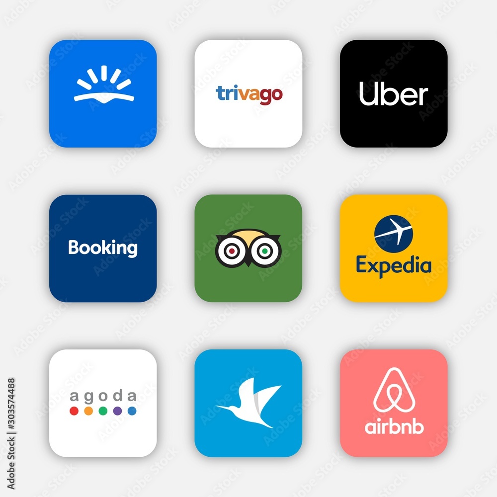 Set Of Social Network Travelling Application Icons Social Media Logos Of Tripadvisor Uber Traveloka Trivago Booking Agoda Expedia Skyscanner Airbnb Square Icon Stock Vector Adobe Stock
