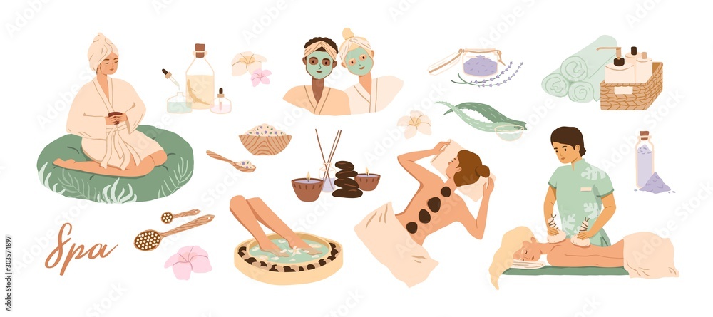 Spa center service flat vector illustrations set. Beauty salon visitors and workers cartoon characters. Wellness center procedures and equipment pack. Hot stone massage, foot bath and facial masks.