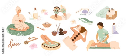 Spa center service flat vector illustrations set. Beauty salon visitors and workers cartoon characters. Wellness center procedures and equipment pack. Hot stone massage, foot bath and facial masks.