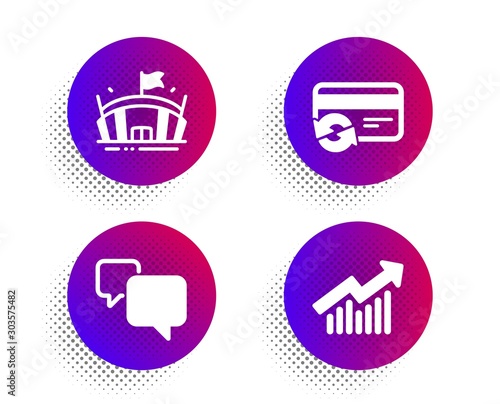 Arena, Change card and Speech bubble icons simple set. Halftone dots button. Demand curve sign. Sport stadium, Payment method, Chat message. Statistical report. Business set. Vector