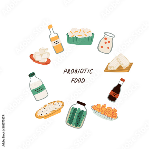 Set of probiotics food. Round frame.