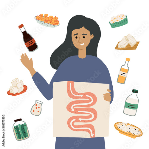 Girl showing his guts and good digestion with the help of probiotics food