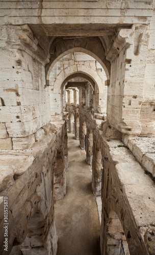 Passageway in the Roman amphitheatre UNESCO world heritage site in Arles, south of France.