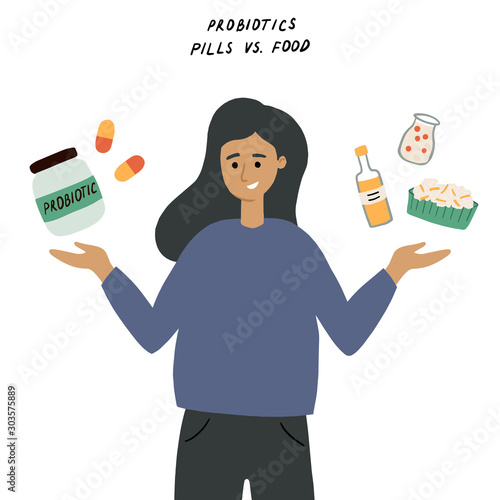 Girl choosing between food that contains probiotics and probiotic supplement photo