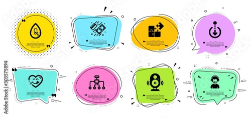 Restructuring, Consultant and Payment line icons set. Chat bubbles with quotes. No alcohol, Yummy smile and Scroll down signs. Speaker, Puzzle symbols. Delegate, Call center. Business set. Vector