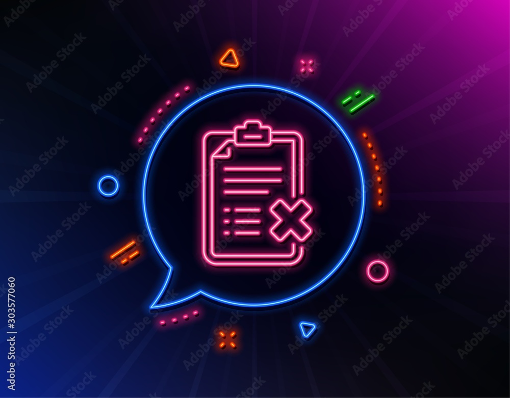 Reject checklist line icon. Neon laser lights. Decline document sign. Delete file. Glow laser speech bubble. Neon lights chat bubble. Banner badge with reject checklist icon. Vector Reject checklist line icon. Neon laser lights. Decline document sign. Delete file. Glow laser speech bubble. Neon lights chat bubble. Banner badge with reject checklist icon. Vector