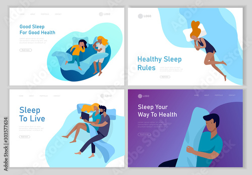 Collection of sleeping people character. Family with child are sleep in bed together and alone in various poses, different postures during