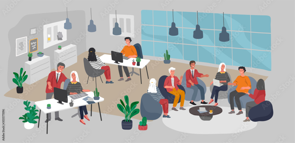 Office interior workplace with group workers communicating or talking to client or conversations between teamwork or meeting, brainstorming. Vector cartoon concept illustration