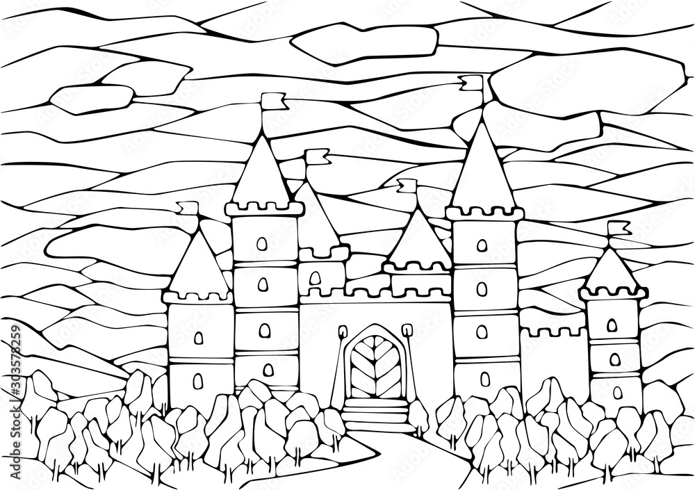 Naklejka premium Hand drawing old castle with bridge, forest and road on white background. Stylized sky and clouds. For coloring book pages. Isolated.