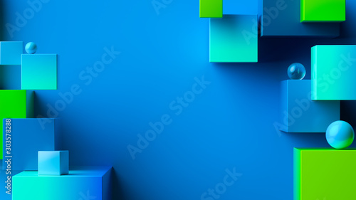 Fototapeta Naklejka Na Ścianę i Meble -  Blue green abstract geometric background. 3d rendering cubic minimal composition for corporate design template.