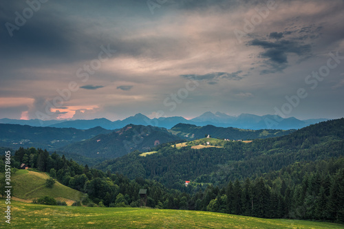 Church on the hill on a beautiful day in Sveti Tomaz, Skofja Loka, Slovenia