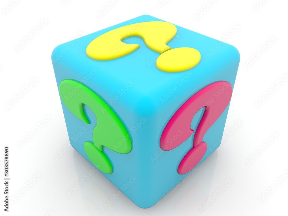 Blue cube with colorful question marks Blue cube with colorful question marks