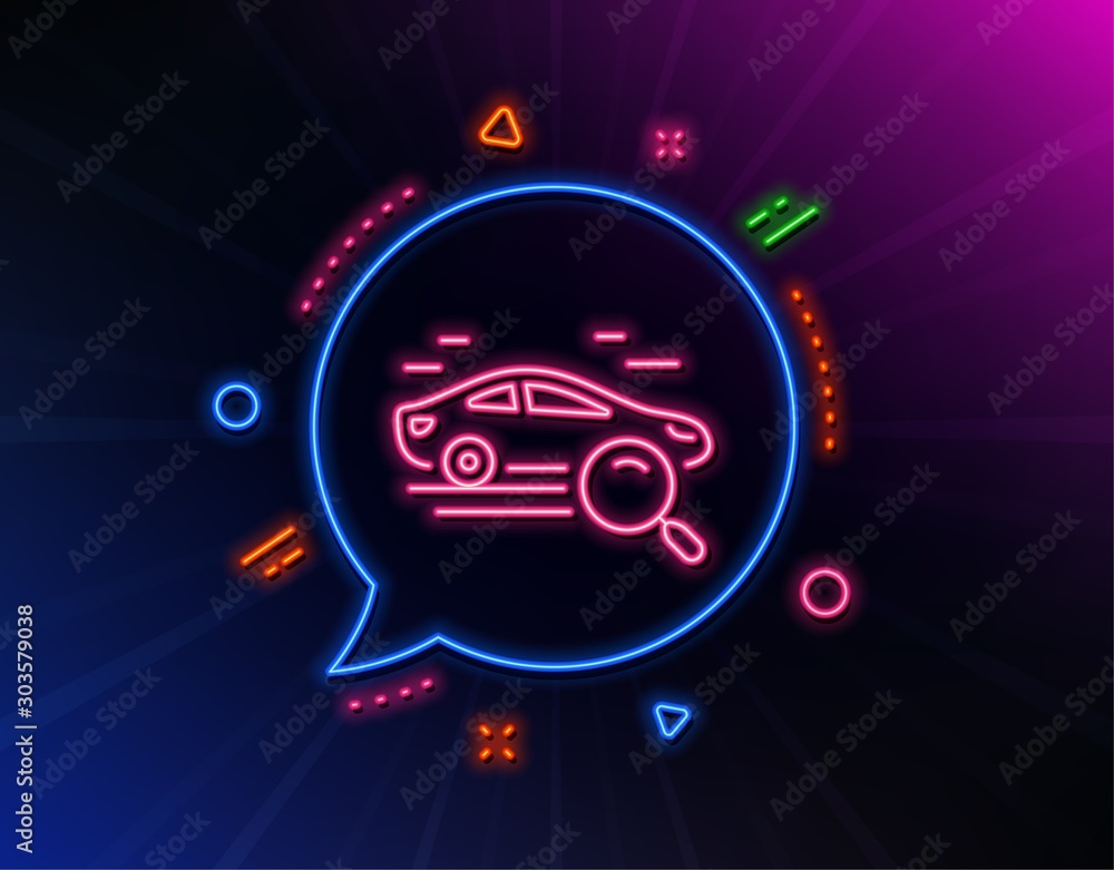 Search car line icon. Neon laser lights. Find transport sign. Magnify glass. Glow laser speech bubble. Neon lights chat bubble. Banner badge with search car icon. Vector