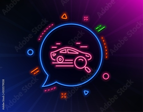 Search car line icon. Neon laser lights. Find transport sign. Magnify glass. Glow laser speech bubble. Neon lights chat bubble. Banner badge with search car icon. Vector