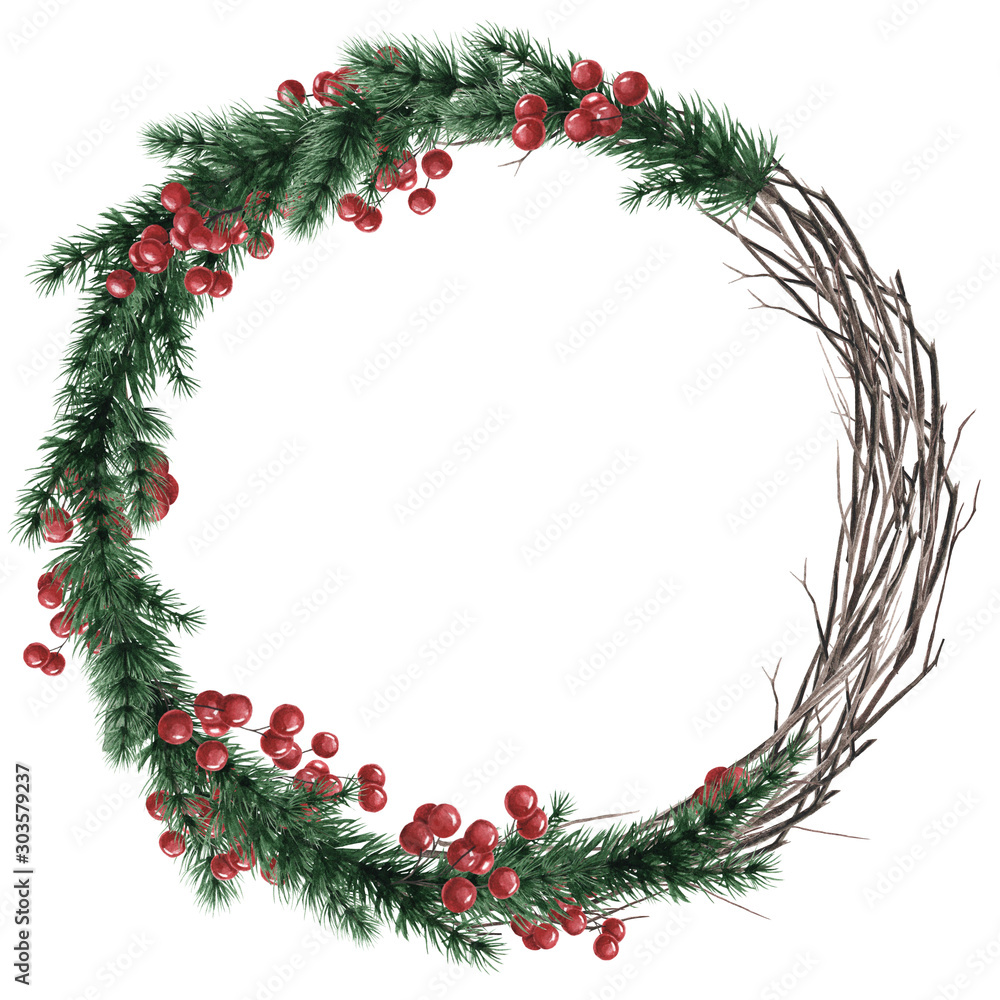 Obraz A wreath of branches, red berries and spruce branches. Round frame for the design of postcards, invitations, decor, stickers, photos.