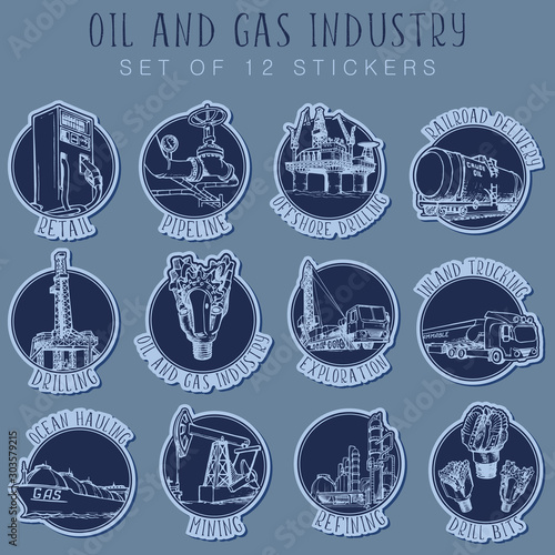 Oil and Gas infographic set. 12 sketch style pictograms with explaining signs represent various sectors of the petroleum industry. Sticker set. EPS10 vector illustration.