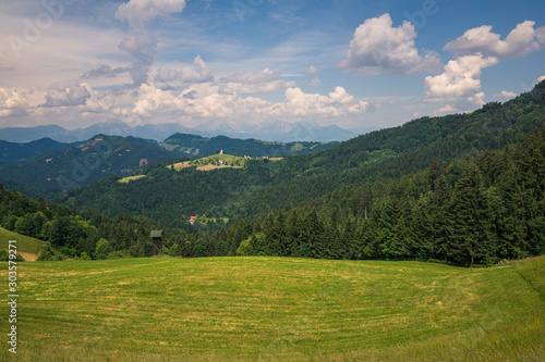 Church on the hill on a beautiful day in Sveti Tomaz, Skofja Loka, Slovenia