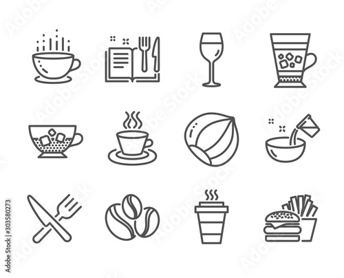 Set of Food and drink icons, such as Cold coffee, Recipe book, Hazelnut, Food, Coffee cup, Tea cup, Takeaway, Cooking water, Frappe, Wine glass, Coffee-berry beans, Burger line icons. Vector