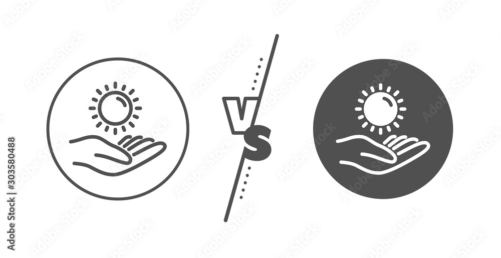 Skin care sign. Versus concept. Sun protection line icon. Line vs classic sun protection icon. Vector