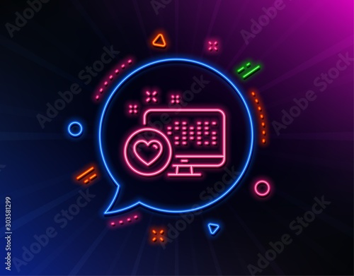 Heart line icon. Neon laser lights. Favorite like sign. Positive feedback symbol. Glow laser speech bubble. Neon lights chat bubble. Banner badge with heart icon. Vector