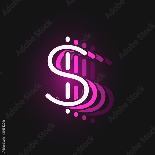 Pink neon character font on black background with reflections, vector illustration