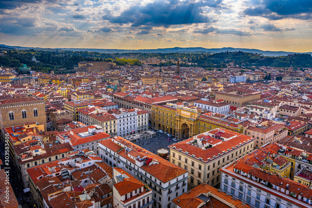 Aerial view of Florence and Piazza della Republica in Florence, Italy. Architecture and landmark of Florence.