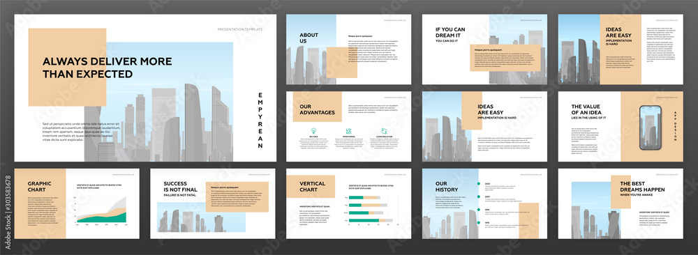 Modern minimalistic powerpoint presentation templates set for business with cityscape vector illustration on background. Brochure design, annual report, social media banner, leaflet, company profile. - obrazy, fototapety, plakaty 