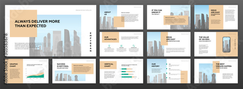 Modern minimalistic powerpoint presentation templates set for business with cityscape vector illustration on background. Brochure design, annual report, social media banner, leaflet, company profile.