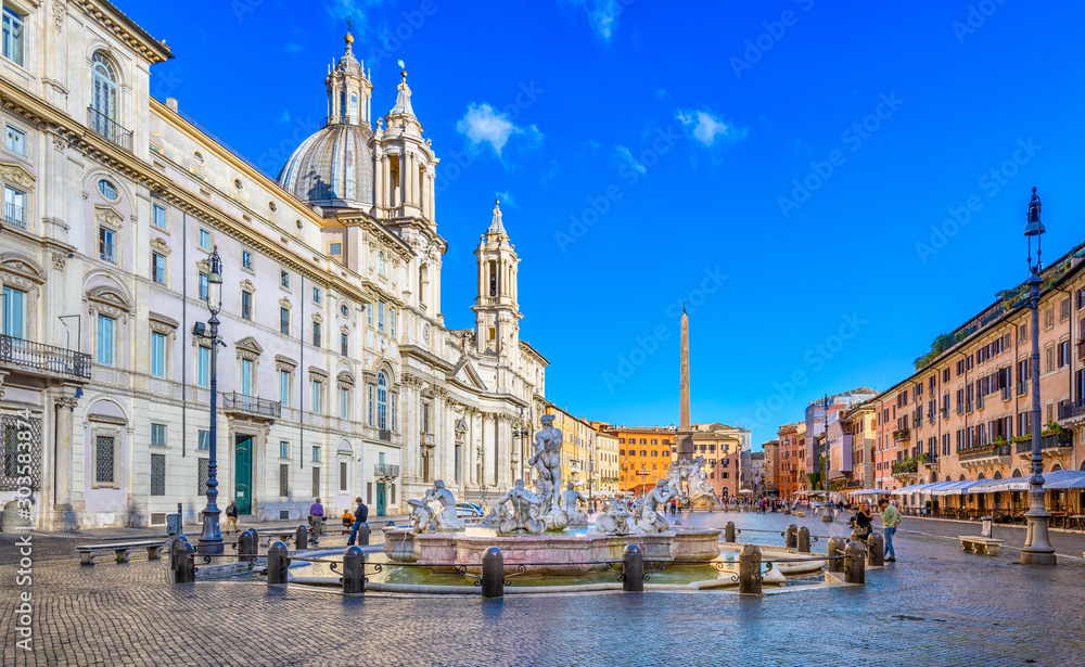 Church Sant Agnese in Agone, Palazzo Pamphilj and Fontana del Moro (Moor Fountain) on Piazza Navona in Rome, Italy. Architecture and landmark of Rome. Postcard of Rome.