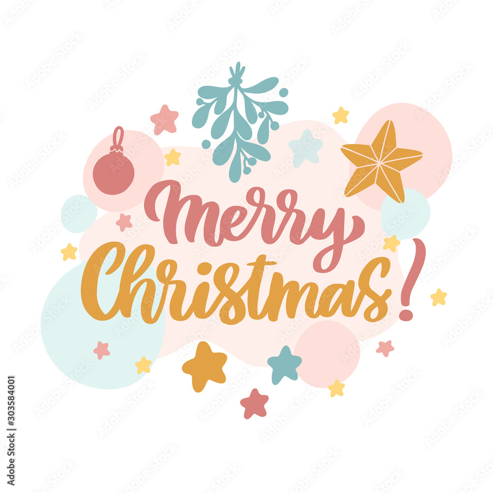 Scandinavian card with mistletoe, stars, christmas decorations and inscription: Merry Christmas! Vector Image. Scandinavian card with mistletoe, stars, christmas decorations and inscription: Merry Christmas! Vector Image.
