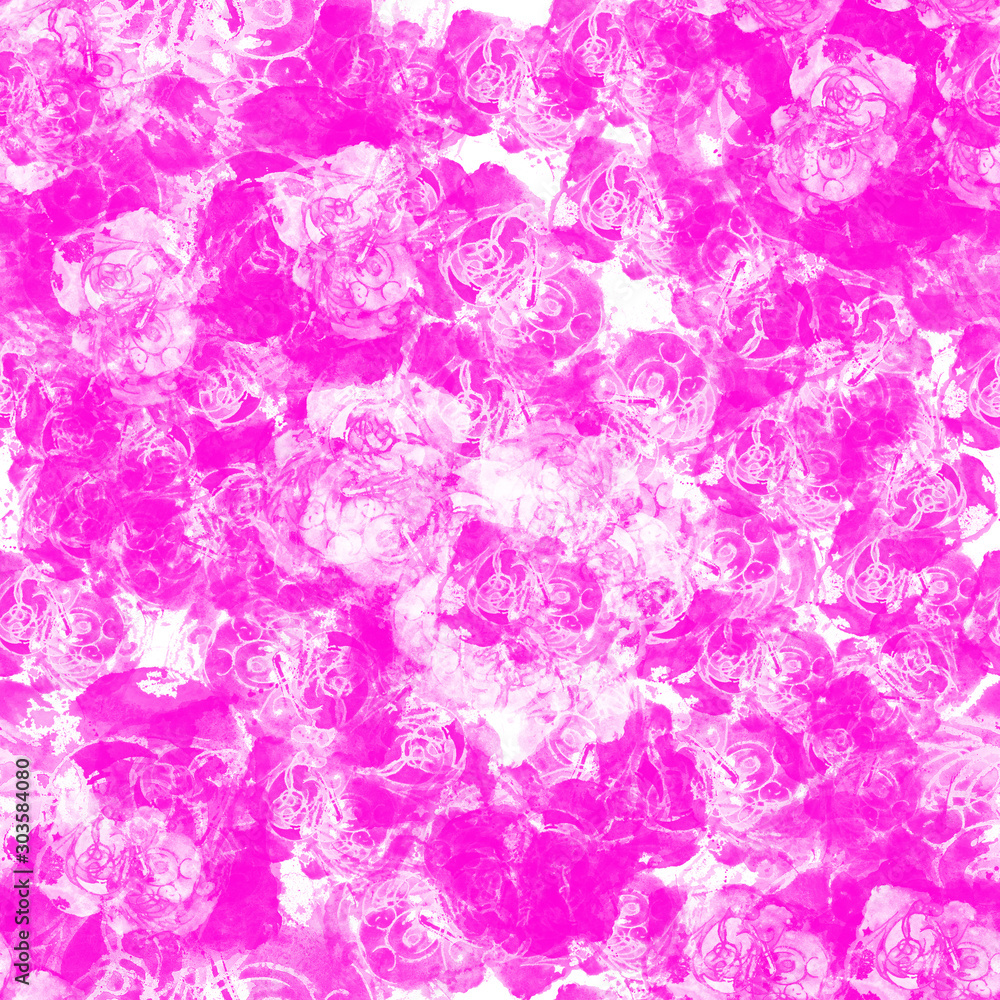 Seamless abstract pattern. Pink spots, lines, dots are randomly scattered on a white background. A bit like a floral pattern.