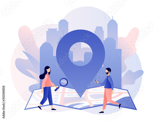 GPS navigation concept. Tiny people search on location. Online map. We have moved. City landscape background. Modern flat cartoon style. Vector illustration