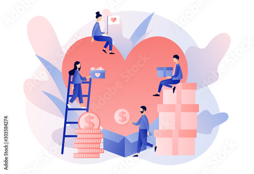 Donation and volunteers work concept. Tiny people with big heart. Modern flat cartoon style. Vector illustration