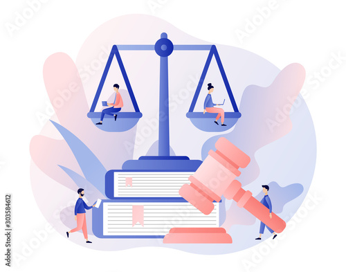 Law and Justice Concept. Justice scales, judge and judge gavel. Tiny people in the Supreme Court. Modern flat cartoon style. Vector illustration