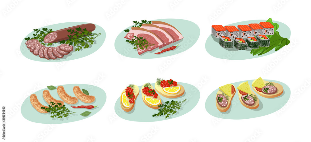 Fototapeta Set of isolated cold cuts and sandwiches. Appetizers with sausage, ham and caviar. Vector flat .