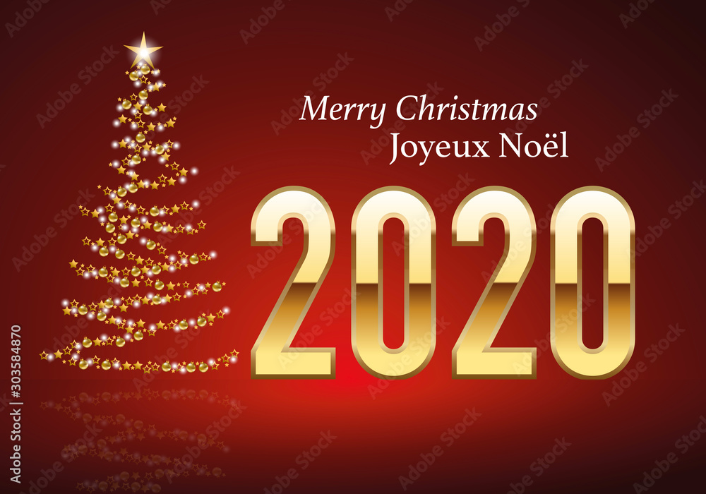 Carte de vœux 2020 au design classique sur fond rouge, avec le traditionnelle sapin de noël, fait avec une guirlande dorée pour souhaiter un joyeux noël. Carte de vœux 2020 au design classique sur fond rouge, avec le traditionnelle sapin de noël, fait avec une guirlande dorée pour souhaiter un joyeux noël.