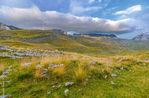 Summer mountaine landscape with cloudy sky. Mountain scenery, National park Durmitor, Zabljak, Montenegro